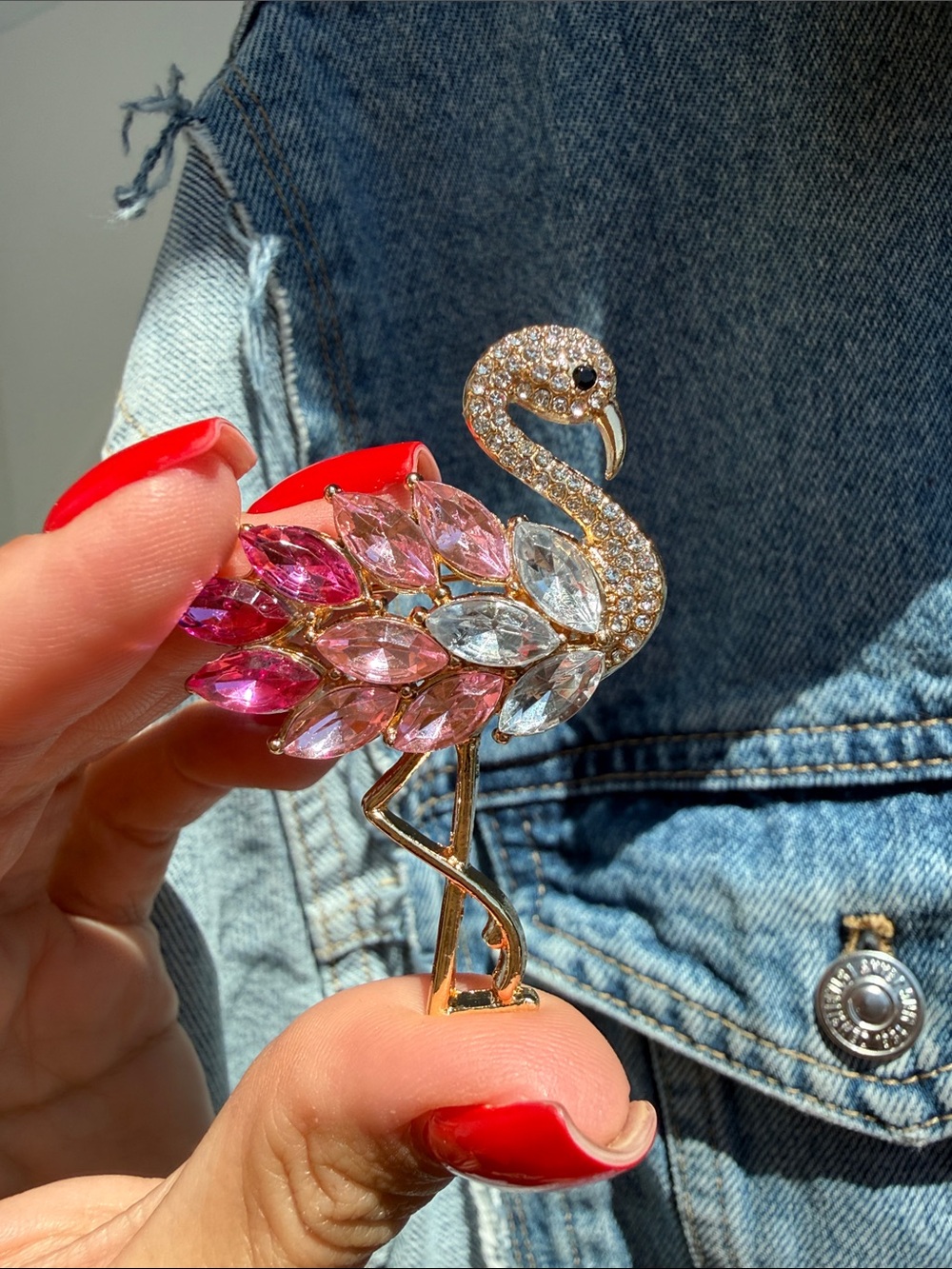 Pink Crystal Flamingo Brooch Pin Gold Tone Statement Bird Jewelry
